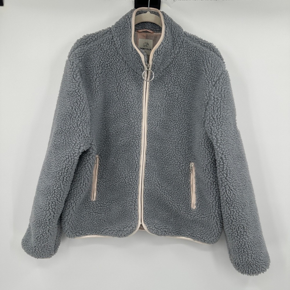 Ivory Ella Womens XL Gray Sherpa Fleece Jacket Full Zip Pockets Cozy Warm